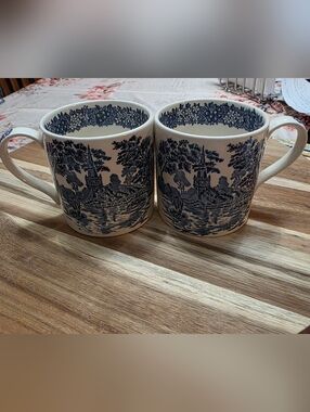 Wedgwood Blue and White Toile Porcelain Mugs - Pair